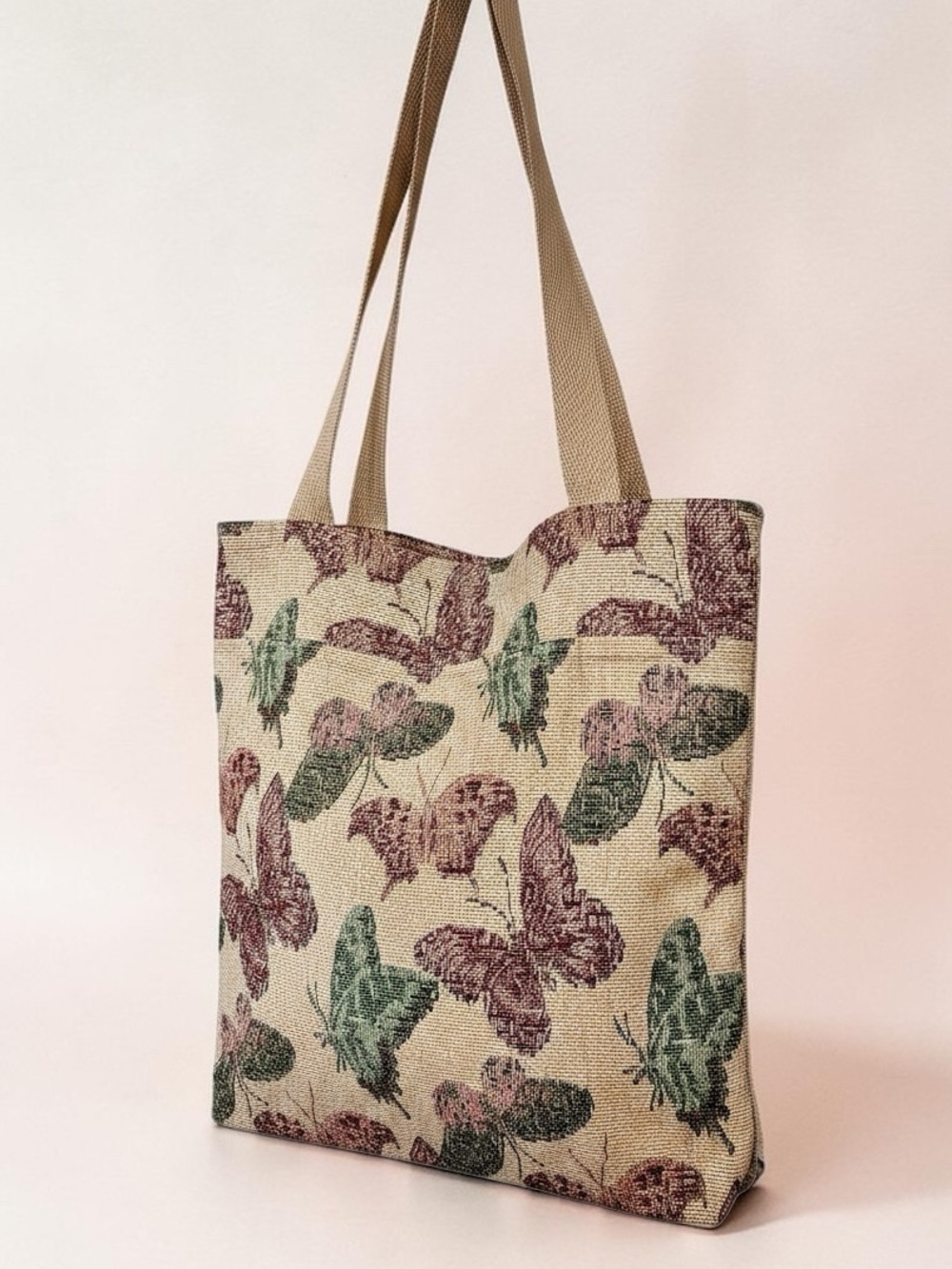 Butterfly Canvas Tote Bag in Beige with Green & Mauve Accents